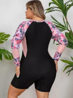 Maillot de bain une pièce athlétique grande taille à manches fleuries et fermeture éclair