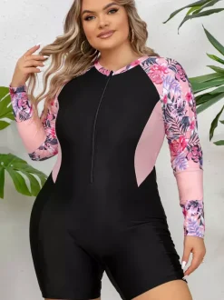 Maillot de bain une pièce athlétique grande taille à manches fleuries et fermeture éclair