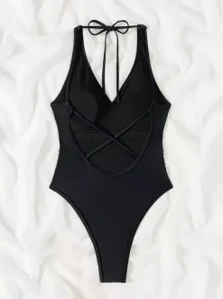 Maillot de bain une pièce dos nu à paillettes et col en V noir été 2026