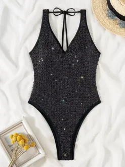 Maillot de bain une pièce dos nu à paillettes et col en V noir été 2026