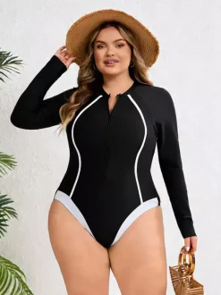 Maillot de bain une pièce à manches longues et fermeture éclair sur le devant coupe cintrée avec lignes contrastées