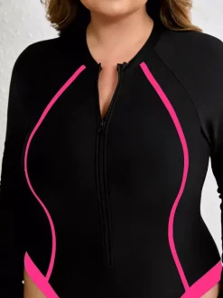 Maillot de bain une pièce à manches longues et fermeture éclair sur le devant coupe cintrée avec lignes contrastées