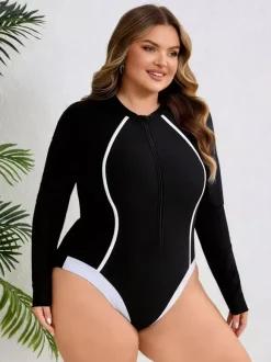 Maillot de bain une pièce à manches longues et fermeture éclair sur le devant coupe cintrée avec lignes contrastées