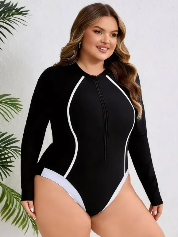 Maillot de bain une pièce à manches longues et fermeture éclair sur le devant coupe cintrée avec lignes contrastées