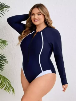 Maillot de bain une pièce à manches longues et fermeture éclair sur le devant coupe cintrée avec lignes contrastées