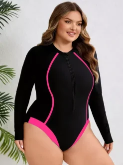 Maillot de bain une pièce à manches longues et fermeture éclair sur le devant coupe cintrée avec lignes contrastées
