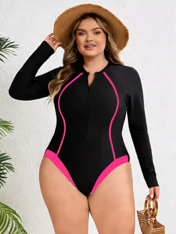 Maillot de bain une pièce à manches longues et fermeture éclair sur le devant coupe cintrée avec lignes contrastées