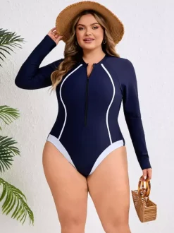 Maillot de bain une pièce à manches longues et fermeture éclair sur le devant coupe cintrée avec lignes contrastées
