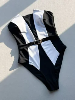 Maillot de bain une pièce pour femme noir bicolore sans bretelles idéal pour la plage en été