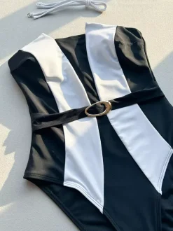 Maillot de bain une pièce pour femme noir bicolore sans bretelles idéal pour la plage en été