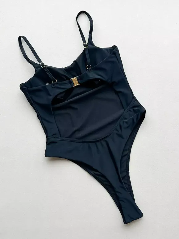 Maillot de bain une pièce pour femme détails métalliques noirs col bijou dos nu maillot de bain sexy d'été