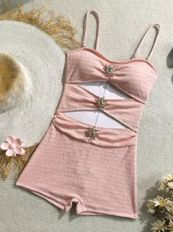 Maillot de bain une pièce découpé pour femme - Monokini texturé à taille haute froncée avec boucle solaire - Collection été 2026