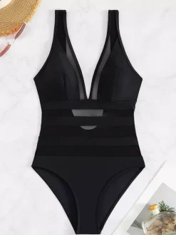 Maillot de bain une pièce à empiècements en maille et rayures transparentes avec dos ouvert 2026