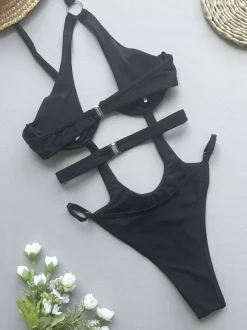Maillot de bain une pièce pour femme noir à lacets asymétrique idéal pour l'été et la plage