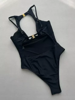 Maillot de bain une pièce pour femme détails métalliques noirs col rond dos nu idéal pour l'été et la plage