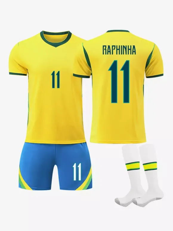 Maillot de Foot Brésil Domicile 2026 Raphinha 11 Vini Jr 7 Ensemble 3 Pièces avec Short Adultes et Enfants, Kit Supporter Jaune