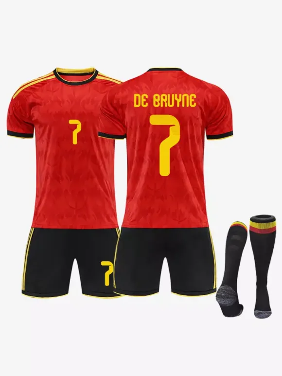 Maillot domicile de l'équipe nationale belge de football 2026 n° 7 De Bruyne n° 1 Courtois manches courtes tenue de sport 3 pièces pour adultes et enfants