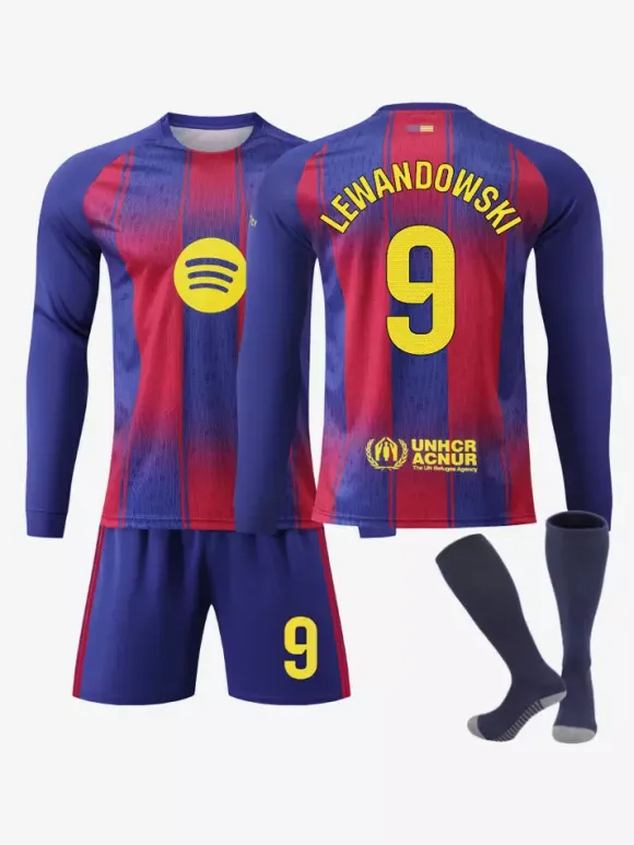 Maillot domicile manches longues 25/26 du club de football ensemble 3 pièces n° 10 Yamal n° 9 Lewandowski n° 8 Pedri n° 14 Rashford
