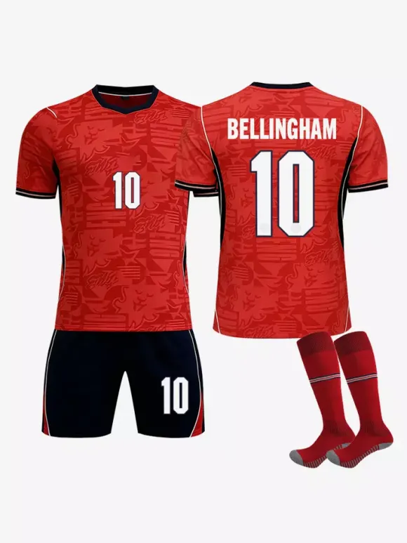 Maillot extérieur rouge 3 pièces de l'équipe d'Angleterre 2026 (n° 9 Kane n° 4 Rice) pour adultes et enfants.