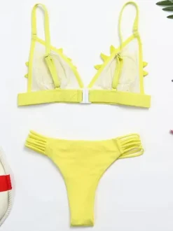 Maillot de Bain Bikini Ensembles 2 Pièces 2026 Blanc Femme Eté Imprimés Florals Taille Haute avec Bretelles à Col Décolleté en V Dos Nu Unicolore Sexy