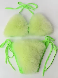 Maillot de bain bikini pour femme rose en fausse fourrure été sexy maillots de bain