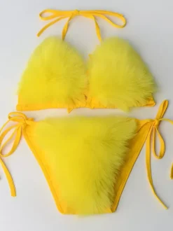 Maillot de bain bikini pour femme rose en fausse fourrure été sexy maillots de bain