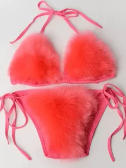 Maillot de bain bikini pour femme rose en fausse fourrure été sexy maillots de bain