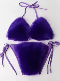 Maillot de bain bikini pour femme rose en fausse fourrure été sexy maillots de bain