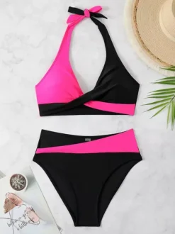 Maillot de bain bikini rose à lacets pour femme maillot de bain sexy d'été