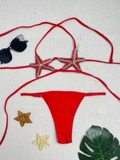 Maillot de bain bikini rouge pour femme taille naturelle maillot de bain sexy d'été