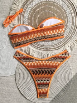 Maillot de bain deux pièces bikini triangle vintage ethnique à rayures et à nouer sur les côtés