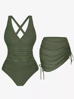 Maillot de bain deux pièces gainant pour femme - Monokini froncé à col en V avec jupe de plage à cordon - Été Piscine 2026