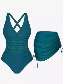 Maillot de bain deux pièces gainant pour femme - Monokini froncé à col en V avec jupe de plage à cordon - Été Piscine 2026