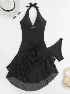 Maillot de bain deux pièces sexy asymétrique pour femme - Robe de bain dos nu en résille à volants avec bas de bikini - Idéal pour les pool parties d'été 2026