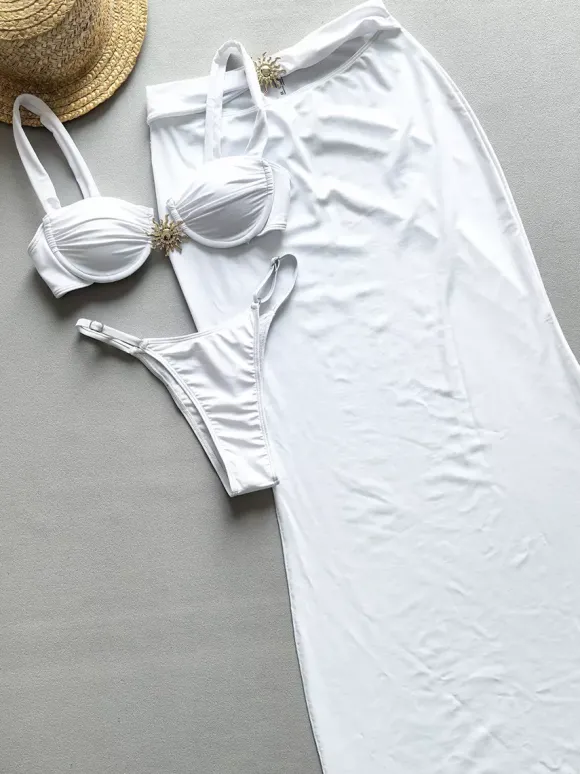 Maillot de bain 2 pièces sexy couleur unie avec bikini et jupe longue pour l'été 2026