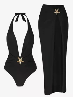 Maillot de bain une pièce à décolleté en V profond et jupe longue fendue avec ornements étoiles de mer 2026