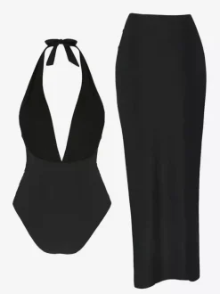 Maillot de bain une pièce à décolleté en V profond et jupe longue fendue avec ornements étoiles de mer 2026