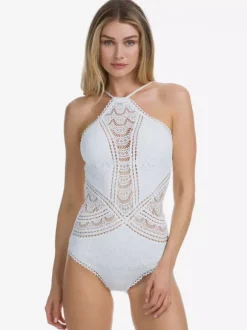 Maillot De Bain Une Pièce Femme Dentelle Noire Col Rond Dos Nu Été Plage Maillots De Bain