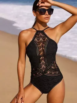 Maillot De Bain Une Pièce Femme Dentelle Noire Col Rond Dos Nu Été Plage Maillots De Bain