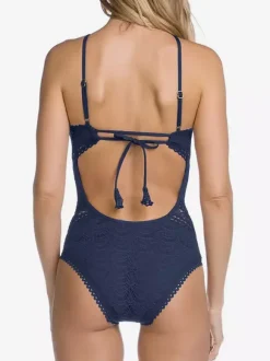 Maillot De Bain Une Pièce Femme Dentelle Noire Col Rond Dos Nu Été Plage Maillots De Bain
