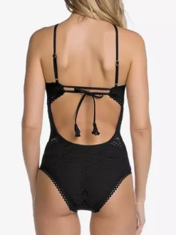 Maillot De Bain Une Pièce Femme Dentelle Noire Col Rond Dos Nu Été Plage Maillots De Bain