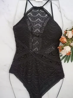 Maillot De Bain Une Pièce Femme Dentelle Noire Col Rond Dos Nu Été Plage Maillots De Bain