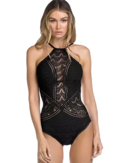 Maillot De Bain Une Pièce Femme Dentelle Noire Col Rond Dos Nu Été Plage Maillots De Bain