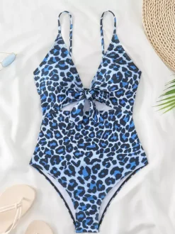 Maillot de bain une pièce imprimé léopard bleu avec découpes 2026