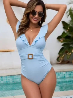 Maillot de bain une pièce pour femme bleu bretelles décolleté maillot de bain sexy d'été