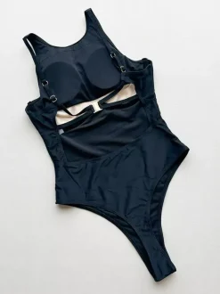 Maillot de bain une pièce pour femme noir dos nu col rond idéal pour l'été à la plage