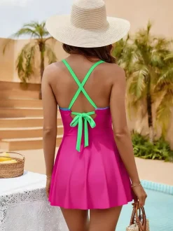 Maillot de bain une pièce pour femme noir color block col en V idéal pour la plage en été