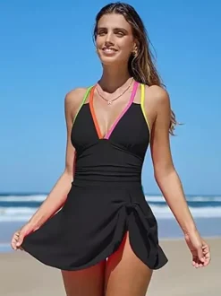 Maillot de bain une pièce pour femme noir color block col en V idéal pour la plage en été