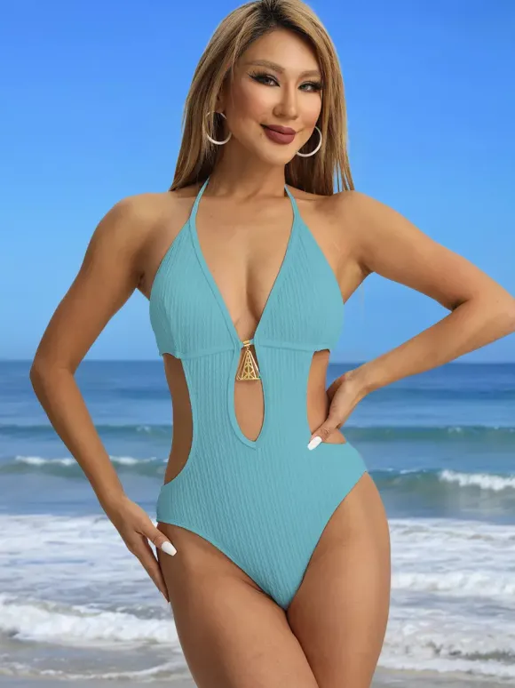 Maillot de bain une pièce uni à découpes en trou de serrure pour l'été 2026