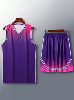 Maillot De Basket-Ball Ensemble 2 Pièces Violet Bleu Noir Blanc Adulte Homme